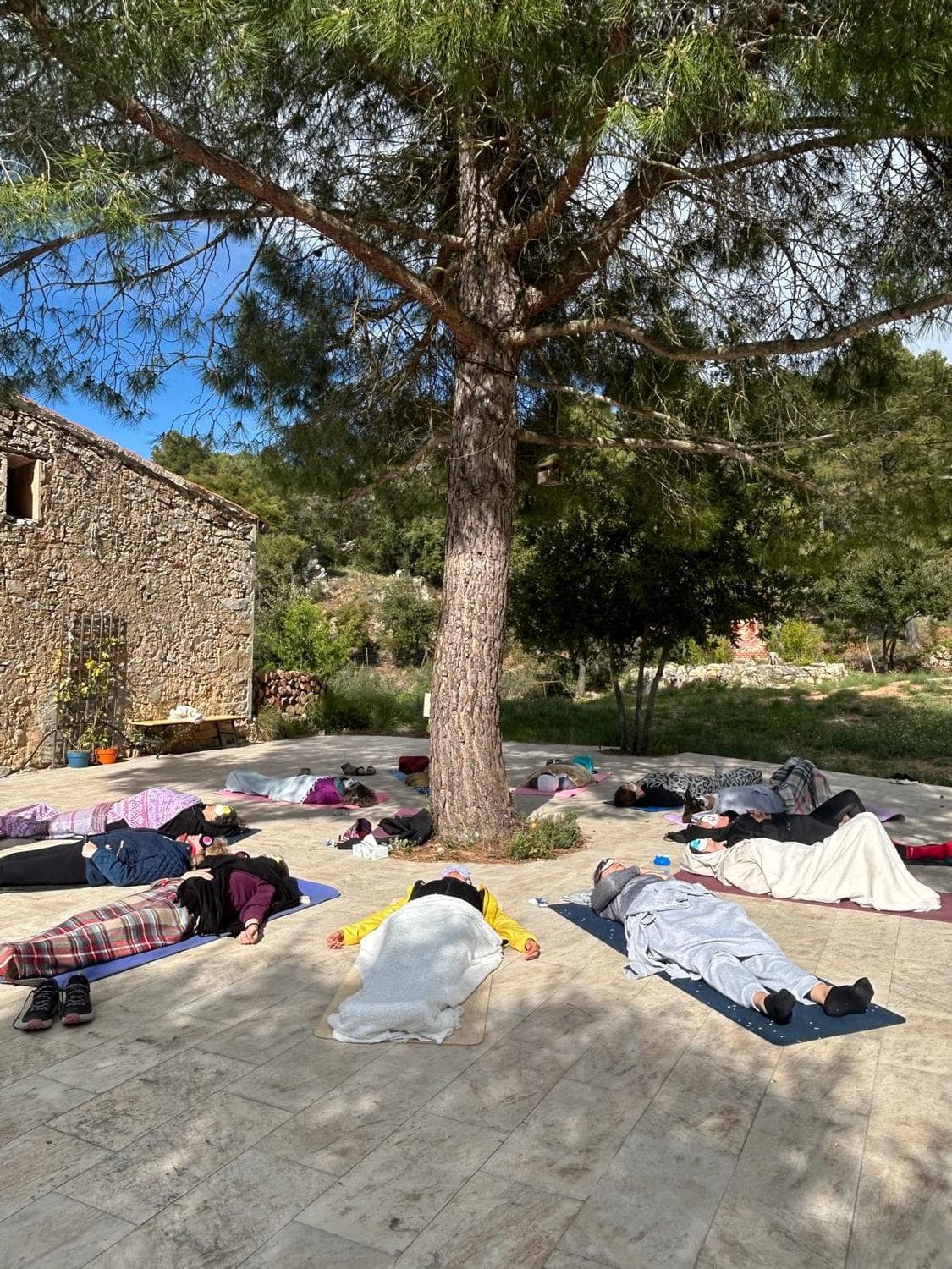 Relajación final tumbadas sobre esterillas y mantas, a la sombra del pino